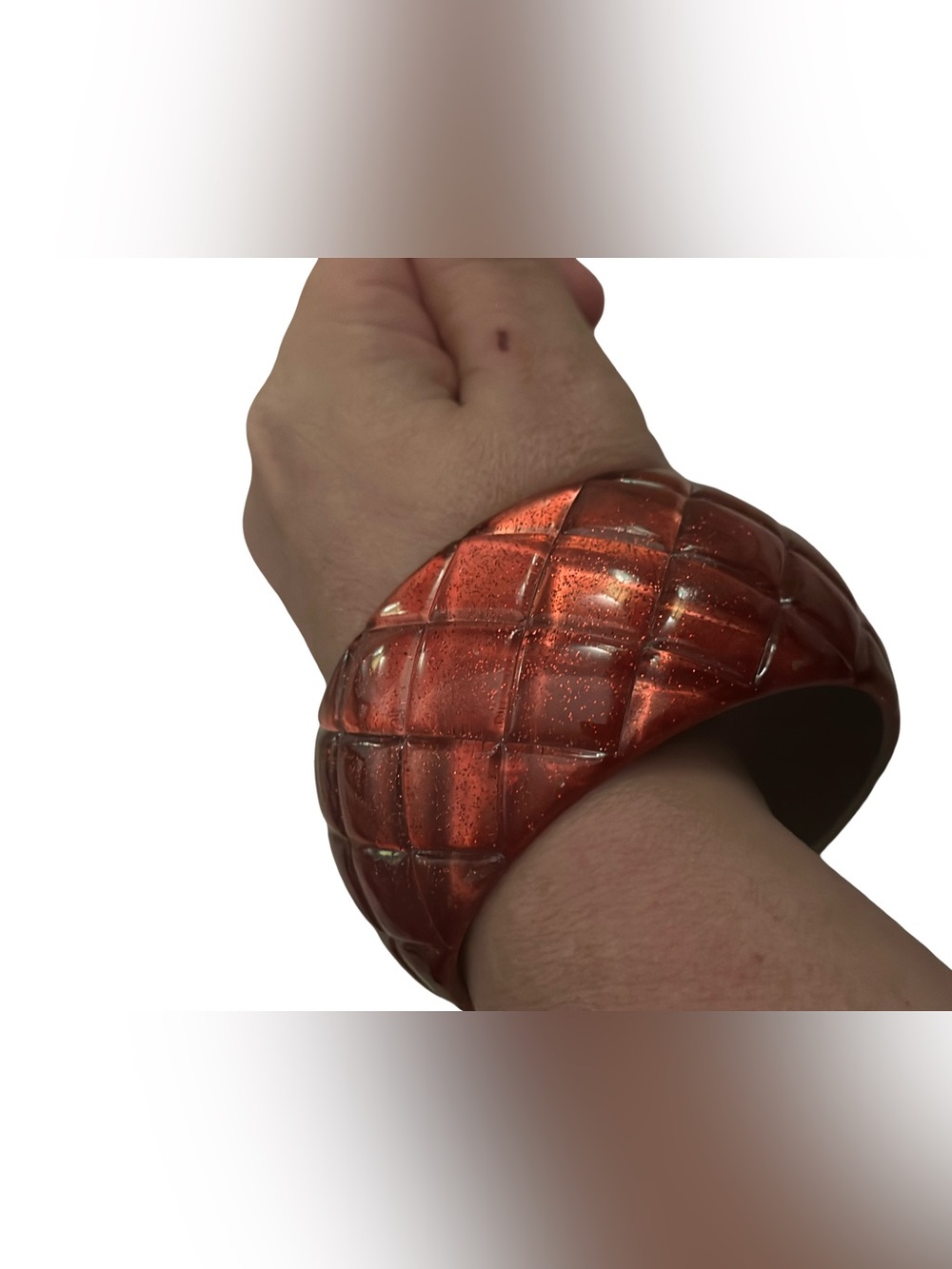 Chunky Red Glitter Lucite Bangle Bracelet — Quilted Diamond Pattern